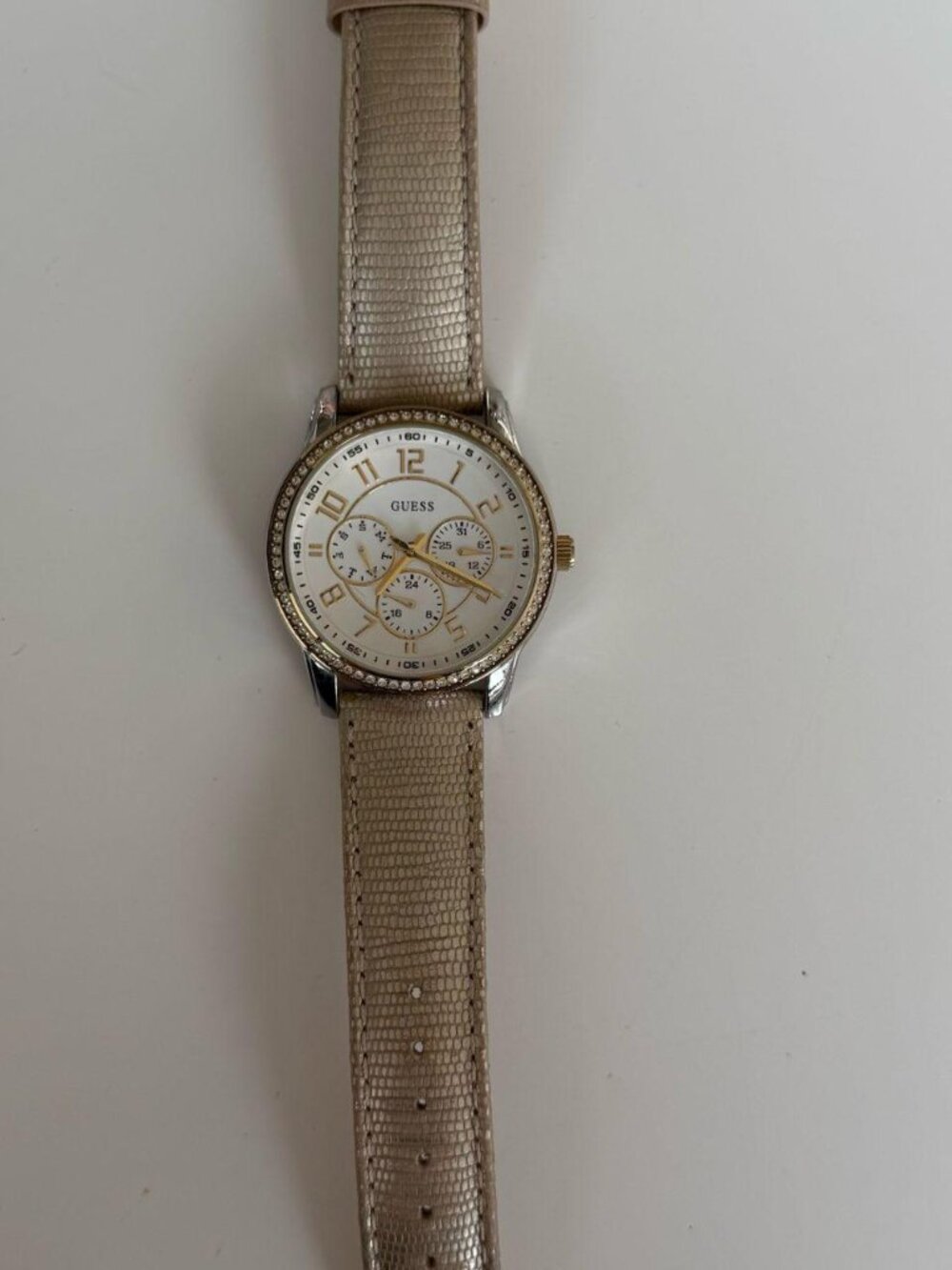 Guess Gold Crystal Beige Strap Watch